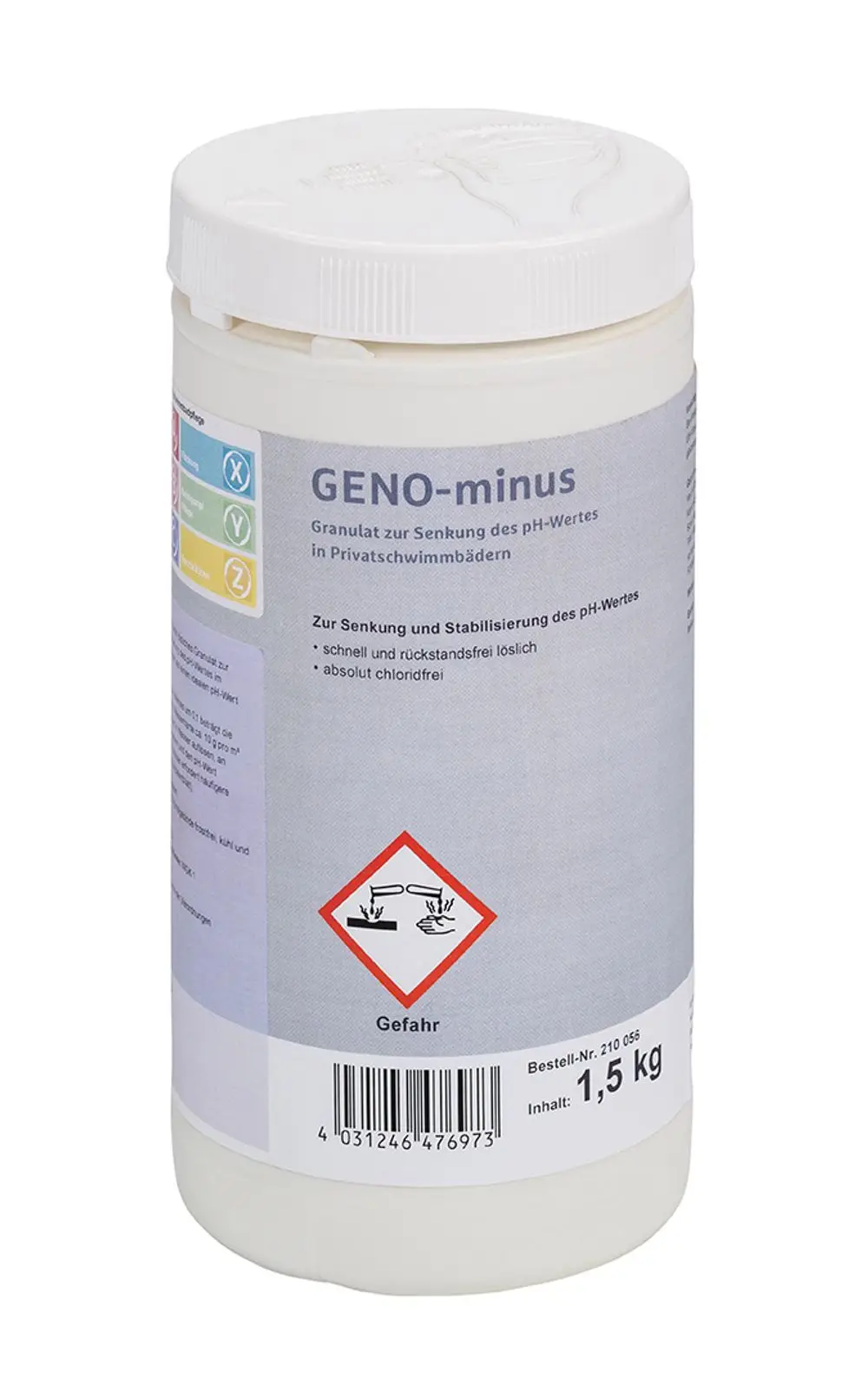 Weißer Behälter mit blauem Etikett, beschriftet mit "GENO-minus". Enthält Granulat zur Senkung des pH-Wertes für private Schwimmbäder. Marke: Grünbeck.